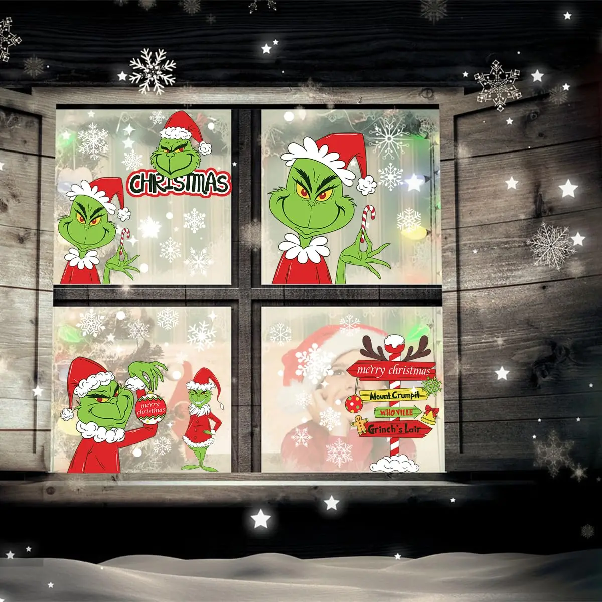 9 أوراق ملصقات نافذة Grinch للزجاج عيد الميلاد على الوجهين ديكور عيد الميلاد ملصقات نافذة لتزيين مكتب المدرسة المنزلية