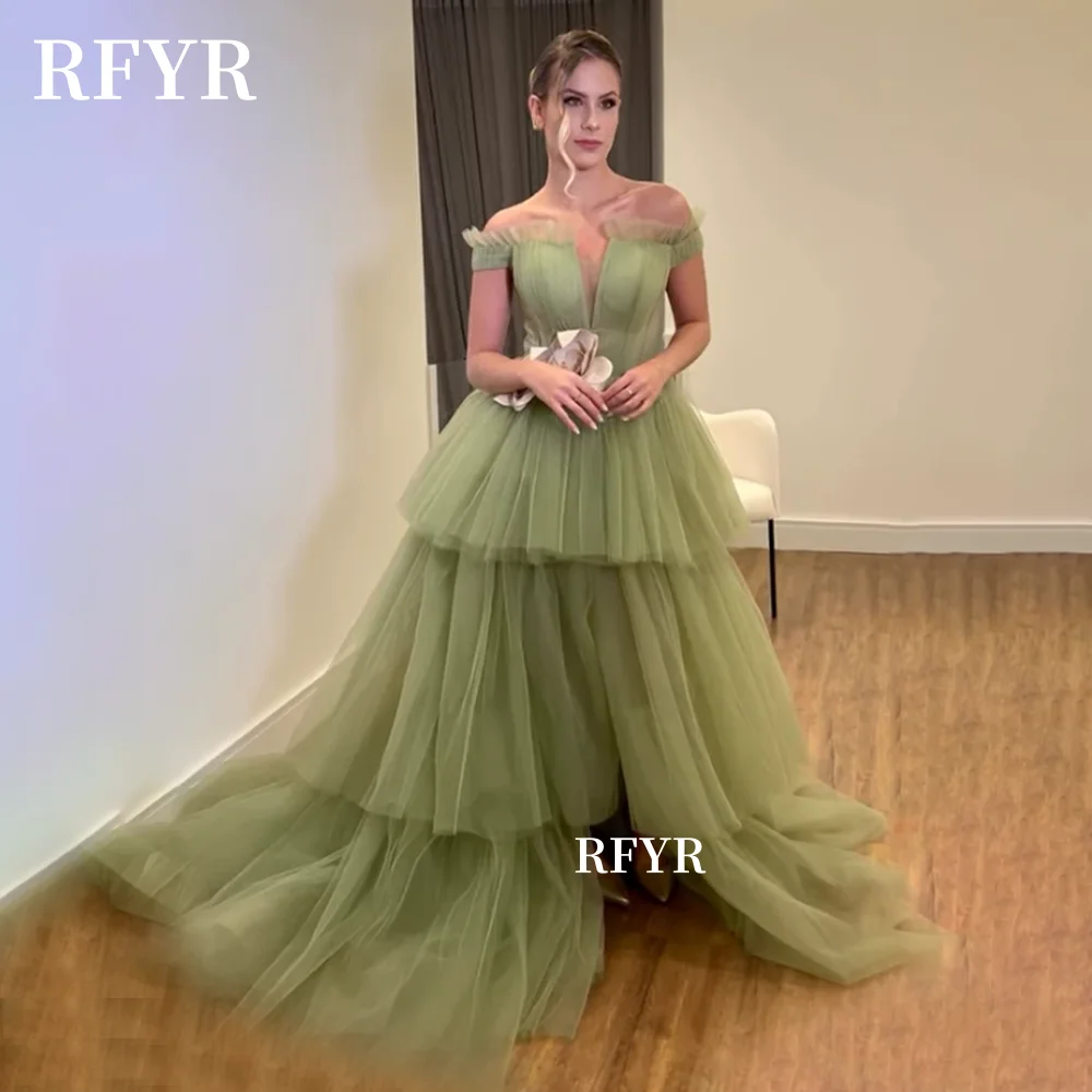 

RFYR Off Shoulder Evening Gown Lace Up Back Prom Gowns Fluffy Princess Gown فساتين مناسبة رسمي Customized