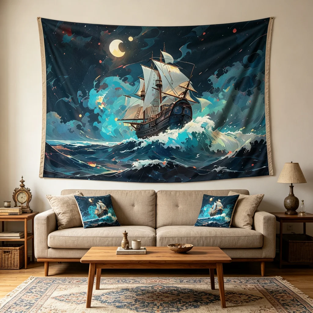 1PC Sailboat Night Art Print Backdrop Banner, Bedroom Living Room Photo Background, Polyester, Home Decor, Wall Art