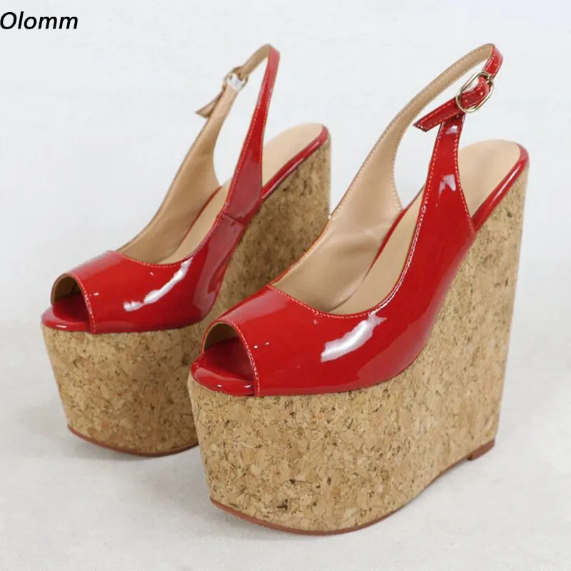 

Olomm Handmade Women Platform Sandals Ultra High Wedges Sandals Peep Toe Pretty Fuchsia Red Party Shoes Ladies US Plus Size 4-15