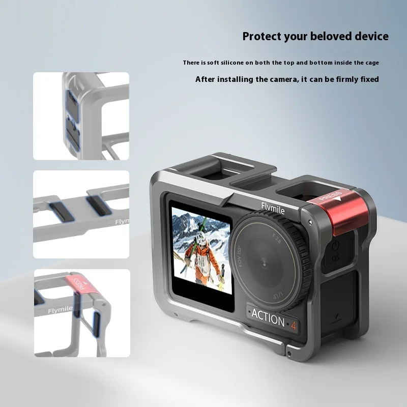 Aluminum Metal Cage for  DJI OSMO ACTION4/3/5Pro Quick Release Knob,Shockproof Frame Case with Dual Cold Shoe Mounts