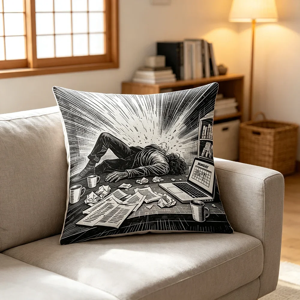 1PC Digital Print Pillow Cover, Black White Comic Burnout Office Worker, Retro Cartoon Cushion Case for Sofa Bedroom Home Decor
