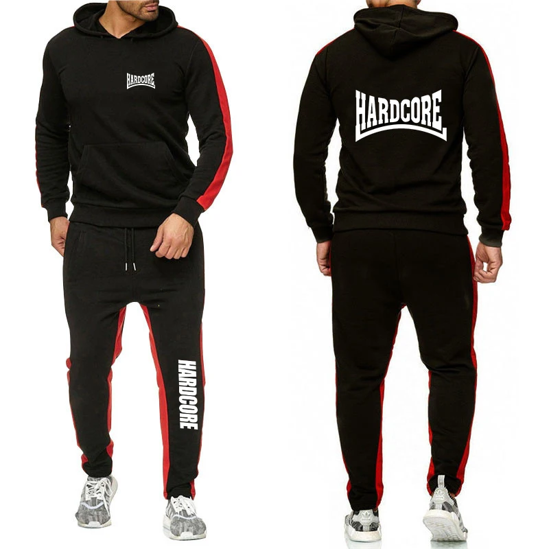 HARDCORE Printed Hoodie Sweatpants Tracksuit Men\'s Hooded Sweatshirt+Pants Pullover Sportwear Suit Clothes 2 Pieces Sets