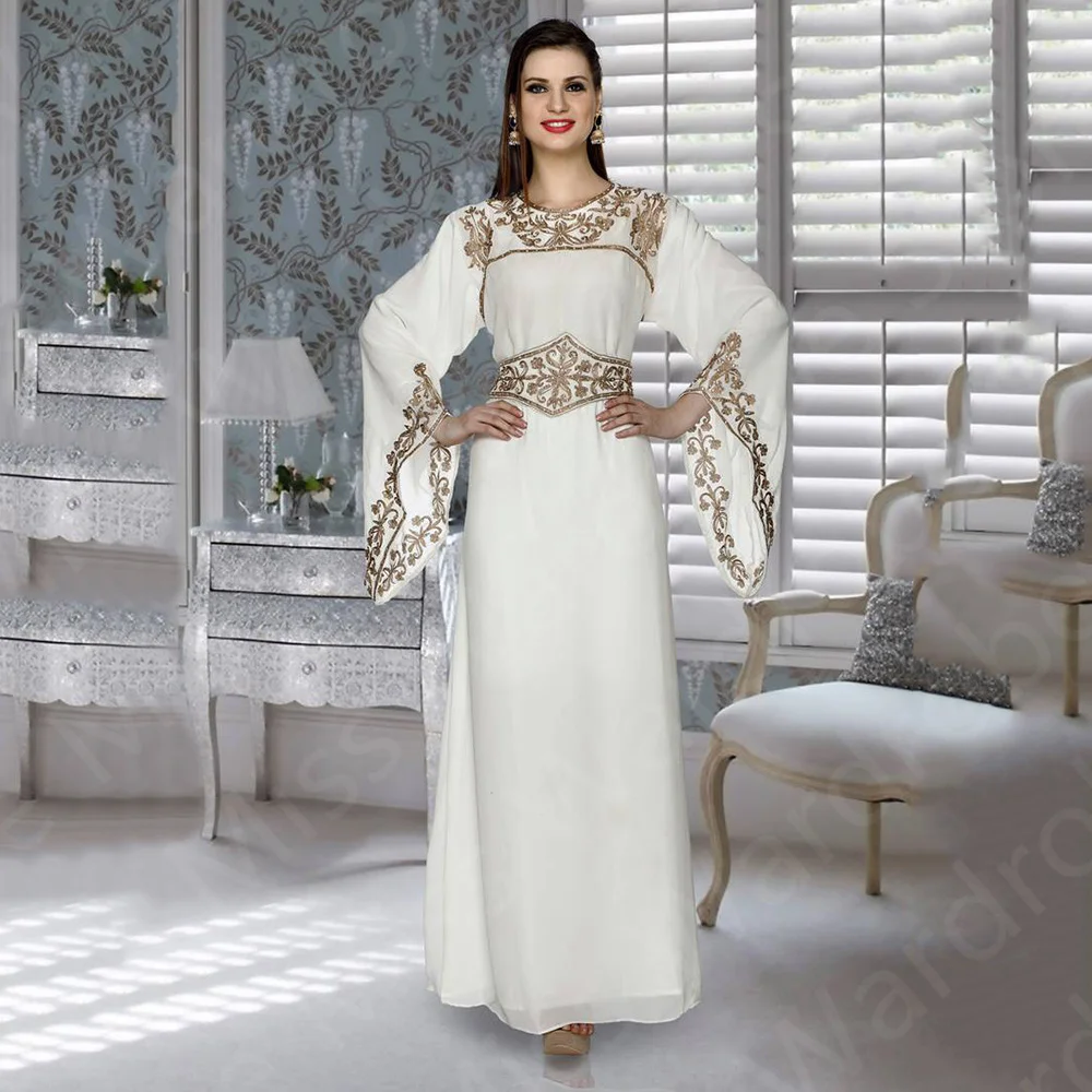 Charming On Sale Holy Evening Dresses White Morocco Prom Party Gowns Lace Long Sleeve Wedding Guest Gowns 2024 Round Neck