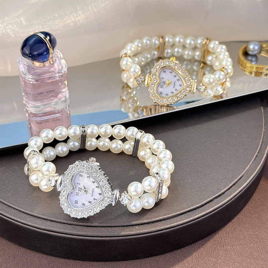 مرونة صف مزدوج اللؤلؤ الماس مرصع سوار على غرار السيدات ووتش عدد القلب الماس كوارتز ساعة تتجه شريط مرن