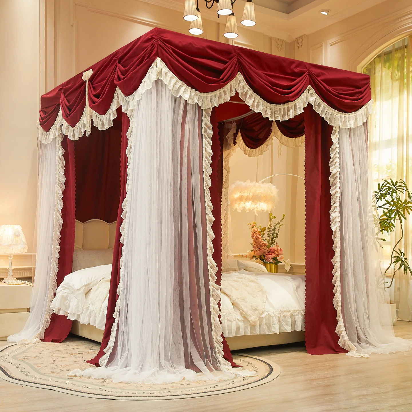 Luxury French Style Mosquito Net Double Layer Canopy with 3 Doors Blackout Dustproof Bed Curtain