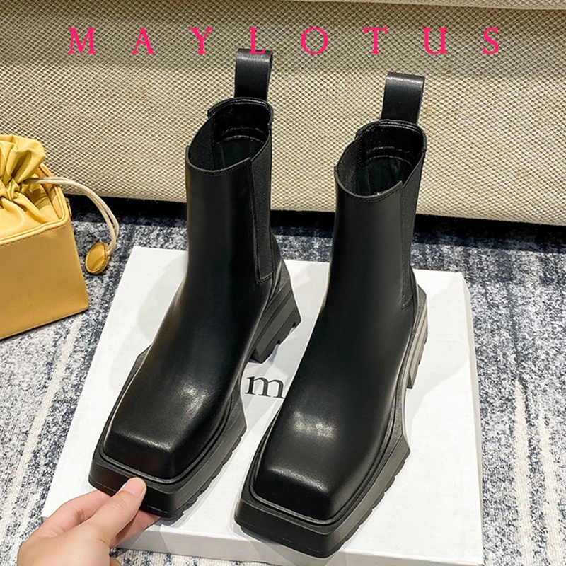 

Chelsea Boots Women Cow Leather Square Toe Fashion Slip On Thick Sole Block Heel Ladies Flat Shoes Winter Ankle Boots