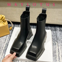 Mid-Calf Boots 6/9cm Heel Height Cow Leather Square Toe Fashion Slip On Thick Sole Block Heel Ladies Shoes Winter Ankle Boots