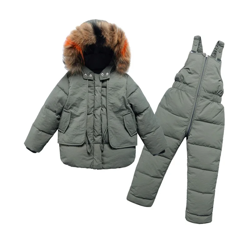 

-30 ℃ Зимний пуховый костюм, толстые теплые комплекты, куртки с капюшоном для мальчиков и девочек, комбинезоны, детская парка из 2 предметов, зимняя одежда, одежда для детей 2–6 лет