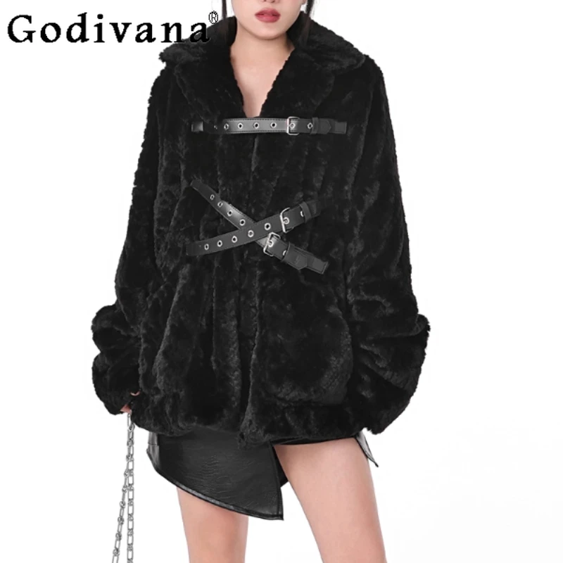 

Autumn Winter Punk Belt Versatile Cool Girl Personalized Faux Fur Coat Comfortable Street Loose Fashion Long Sleeve Black Jacket