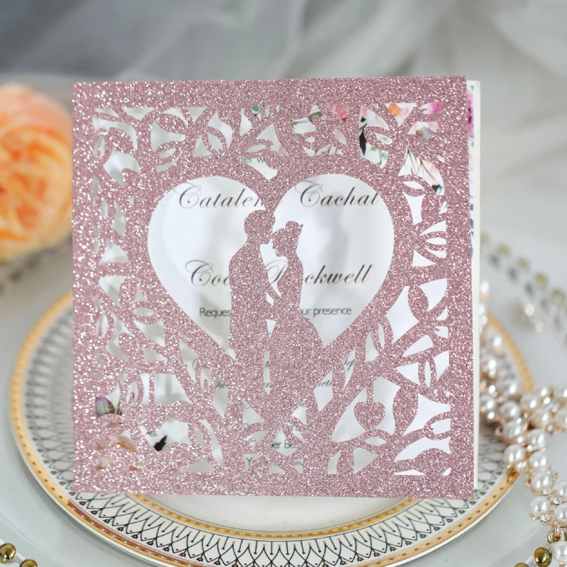 (10 pieces/lot) Pink Glitter Laser Wedding Invitation Card Lovers in Heart Postcard Bridal Shower Engagement Invitations IC054