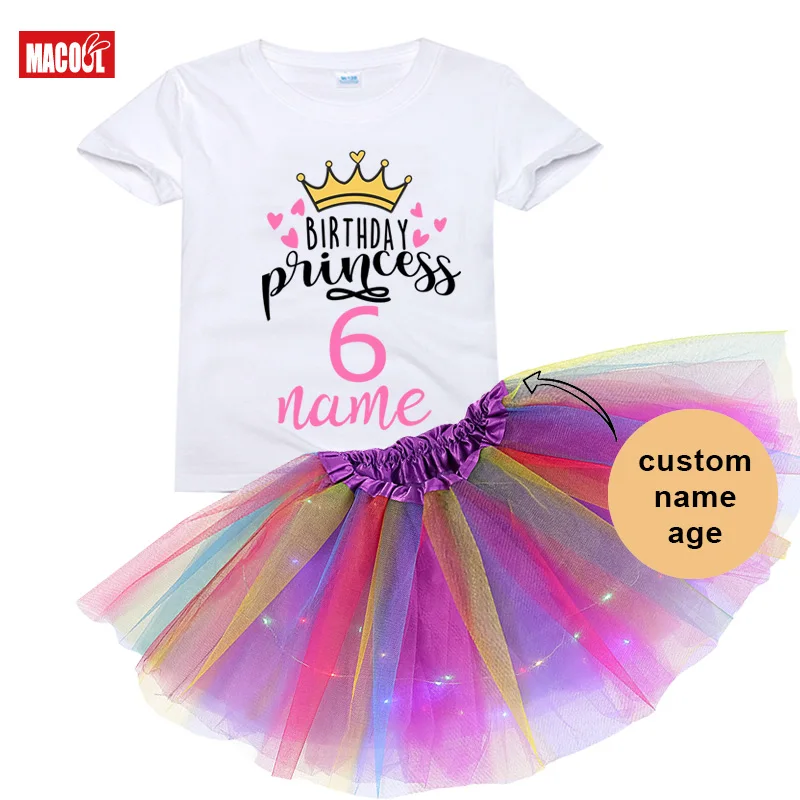 

2023 Birthday Princess Party T Shirt Set Girl Birthday Outfits Tutu Dress Princess Set Dress + T Shirt 2-9 Years Luminous Skirt