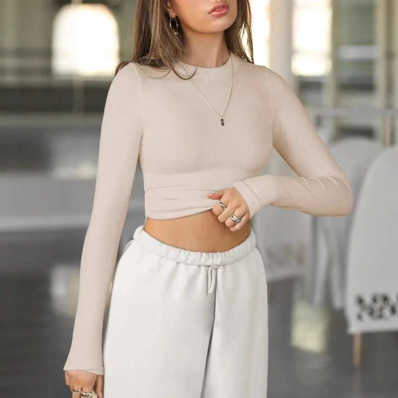 

2026 New Y2K Ribbed Crew Neck Long Sleeve T-Shirt for Women, Slim Fit, Shoulder-Fitted, Hot Girl Top, Minimalist Sexy Style