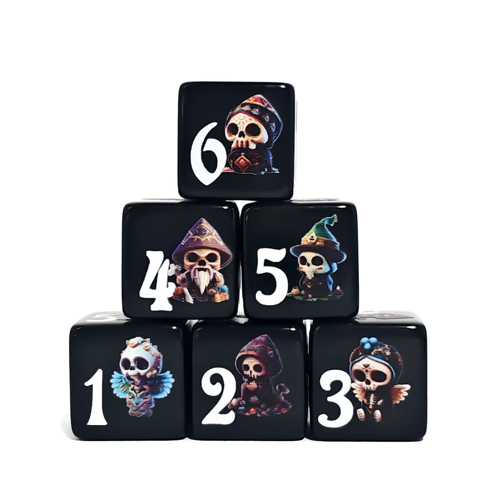12Pcs 16MM D6 Acrylic Dice Cute Skeleton Wizard Warlock Print DND RPG Tabletop Gaming Dice For Role‑Playing Board Game Dice