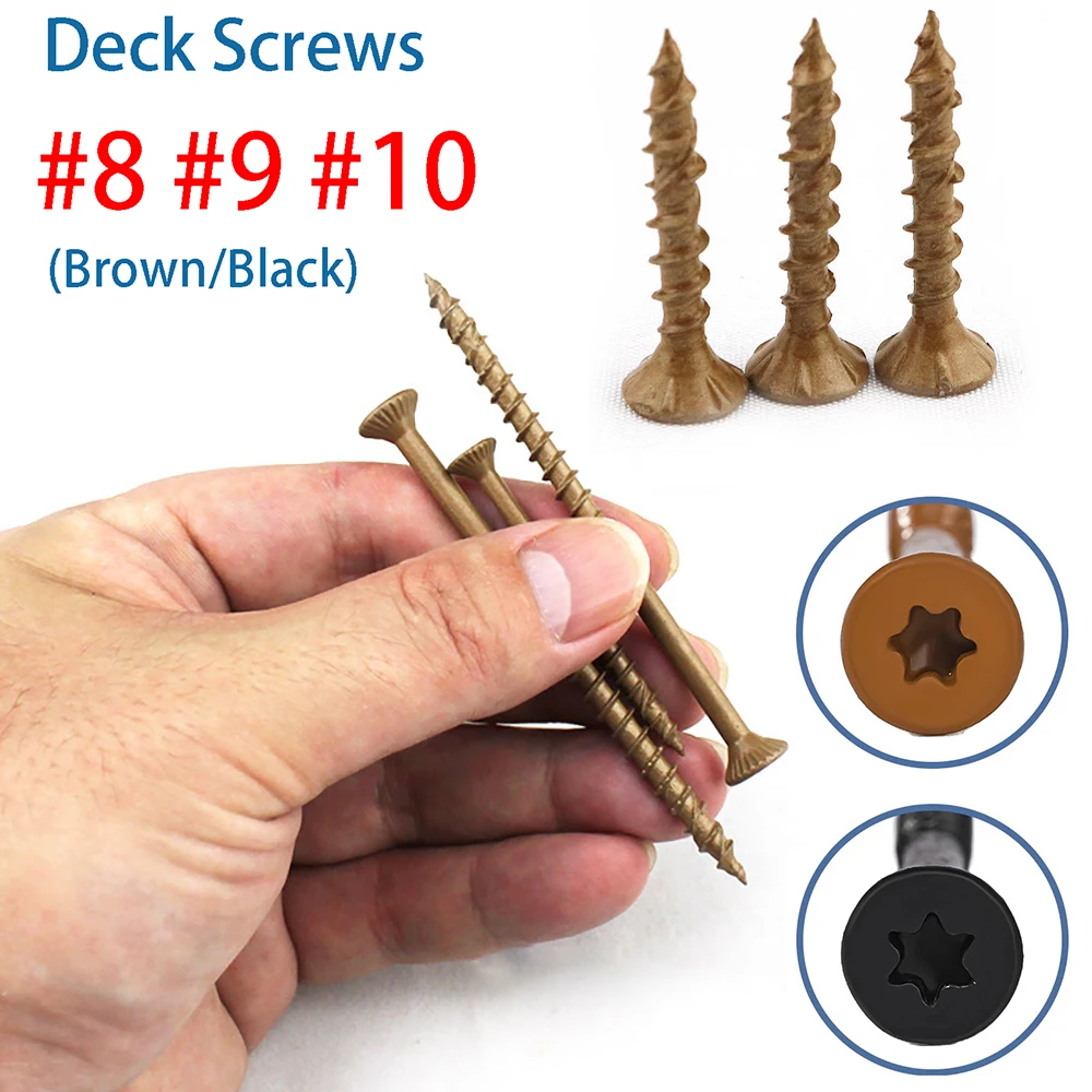 50/100pcs Six-Lobe Torx Deck Screws #8 #9 #10 Flat Rust Resistant Rpoxy Coated Brown and Black Self-tapping Wood Bolts