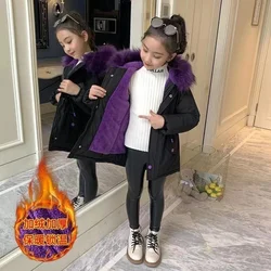-30℃ Winter Padded Thick Jacket Girl Fur Collar Hooded Warm Parka Big Children 4-14Y Kids Teenage Long Cotton Outerwear Snowsuit