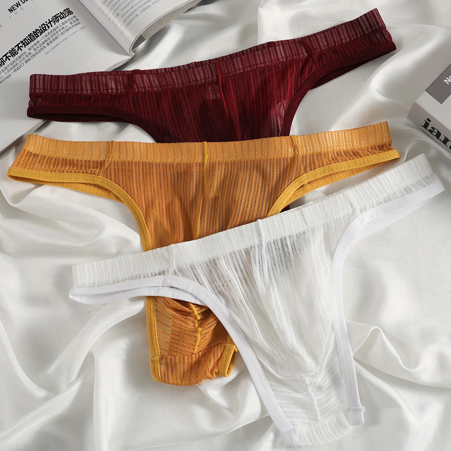 

3PCS Men's Sexy Mesh Striped G-string Underwear Ultra-Thin Elastic Brief Solid Color Breathable Thong for Gay Sissy Hot Fashion