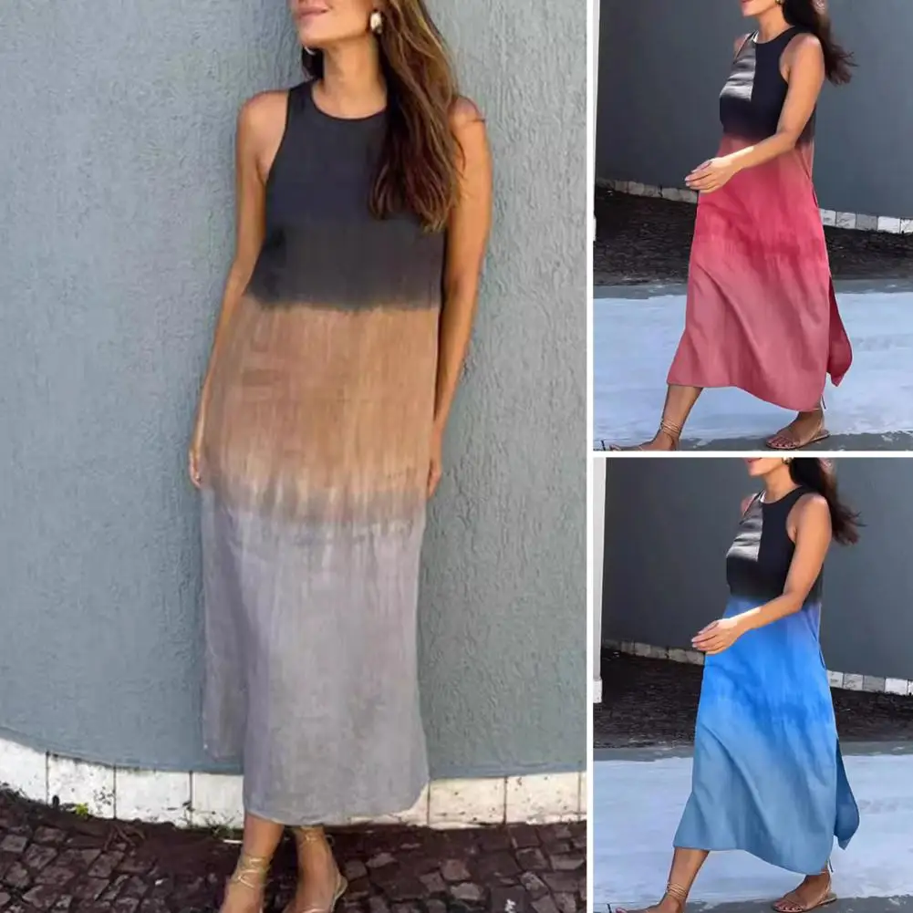 Women Dress Elegant Gradient Colorblock Sleeveless Midi Dress for Women for Dating Parties Beach Vacations Color Block Dress