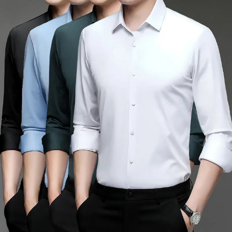 Camisa de manga corta para hombre, de alta elasticidad licra, negocios, seda formal, color sólido, sin costuras, antiarrugas, informal, primavera y