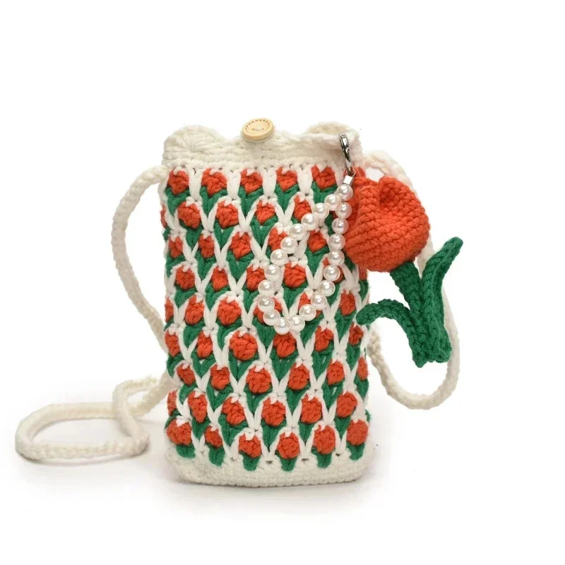 Handmade Backpacks Crochet Tulip Crossbody Bag Pink Knitted Phone Bag Mini Shoulder Purse For Women Birthday Tote Bag Gift New view 3