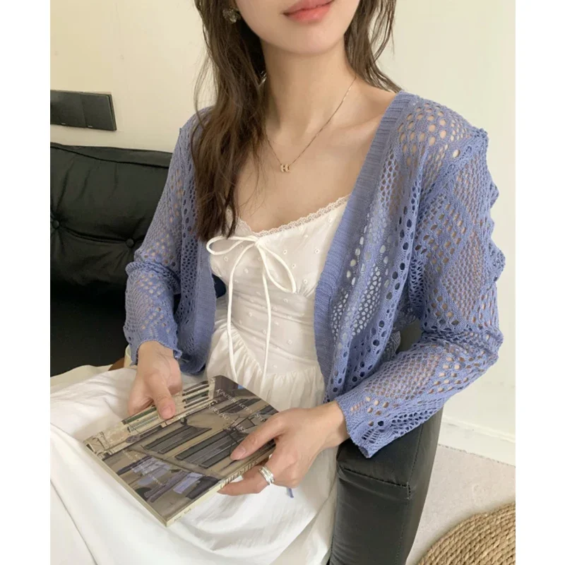 Doorschijnend Pointelle gebreid crop vest met stropdas aan de voorkant opengewerkte lange mouw korte jas top cover voor dames tienermeisje schattige outfit