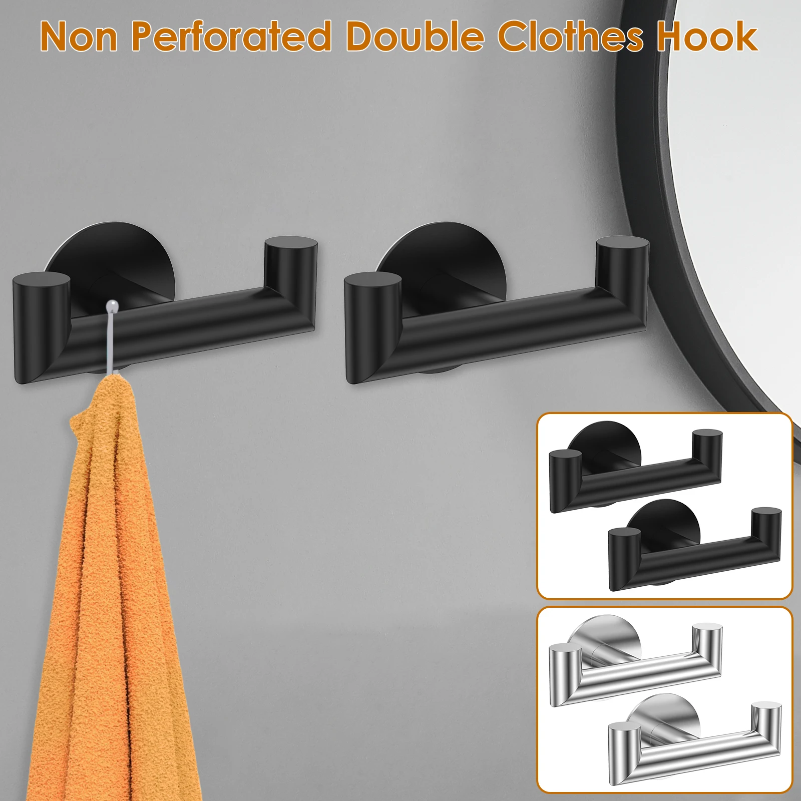 

2pcs Bathroom Hooks Self Adhesive Double Hooks for Wall 304 Stainless Steel No Drilling Multipurpose for Robes Coats