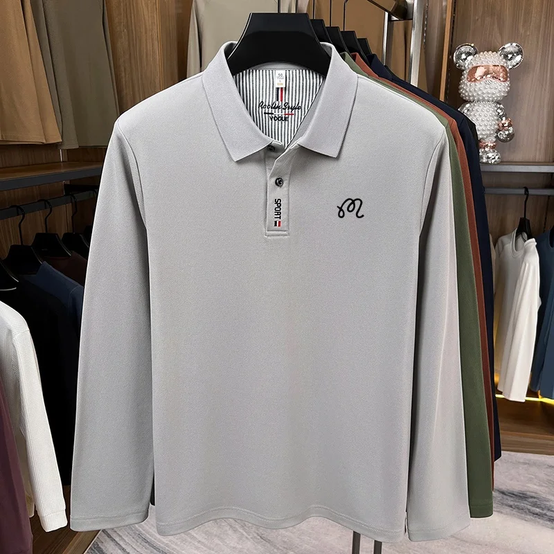 Frühling Herbst Herren Neues Original Mode-Print Polo-Shirt Knitterfreies Einfarbiges Langarm-T-Shirt Vielseitige Herrenbekleidung – Detail 3