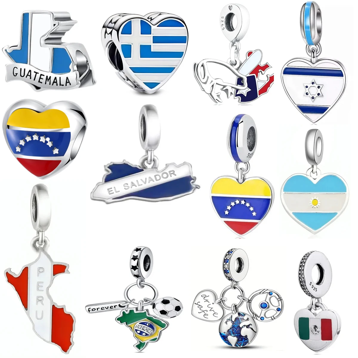 New925 Silver Brazil Argentina Peru Salvador Flag Boutique Charm Pendant Suitable for Original Bracelets DIY Jewelry Accessories