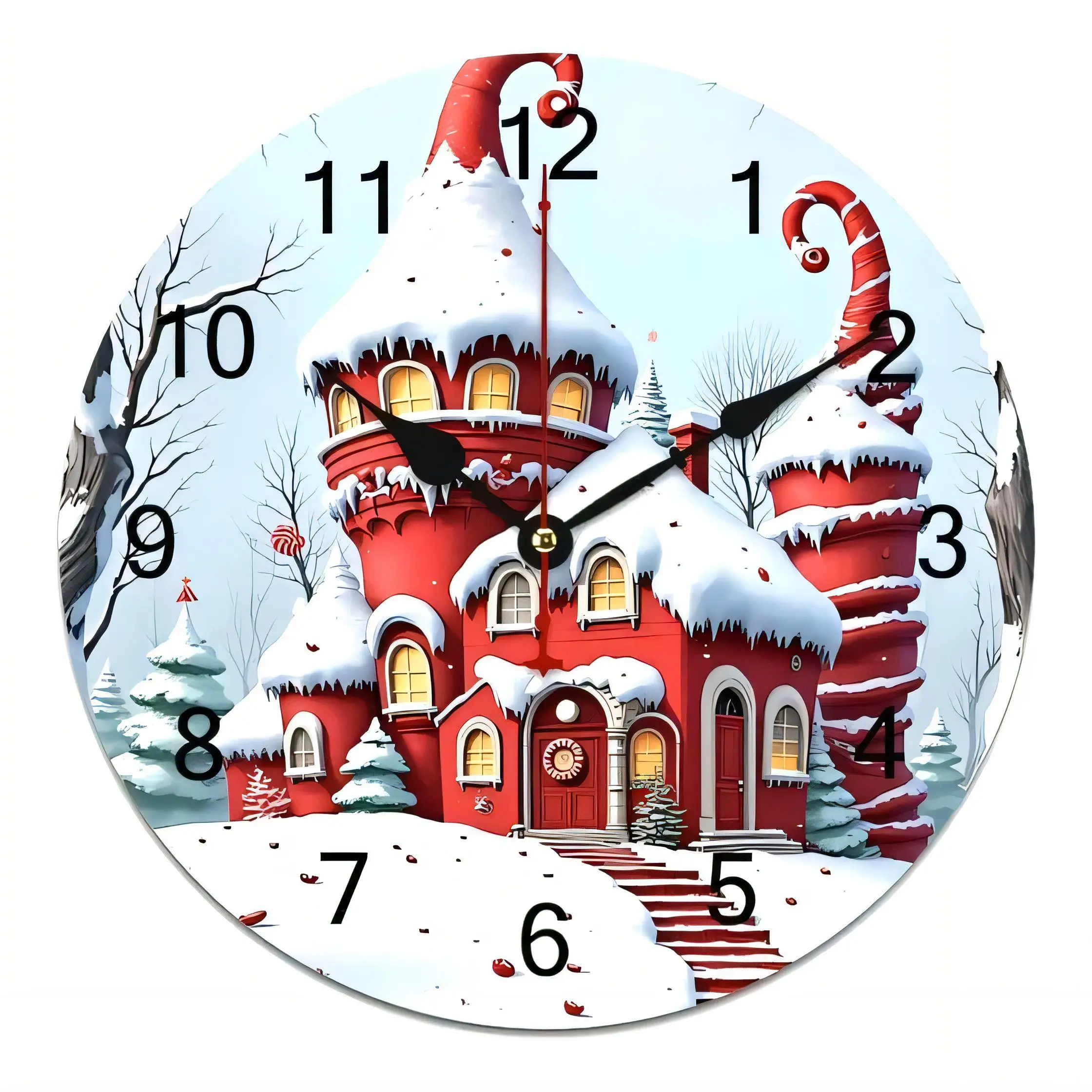 Christmas Candy Cane House Wall Clock  Decorative Silent Non Ticking Battery Operated Winter Holiday Home Ornament