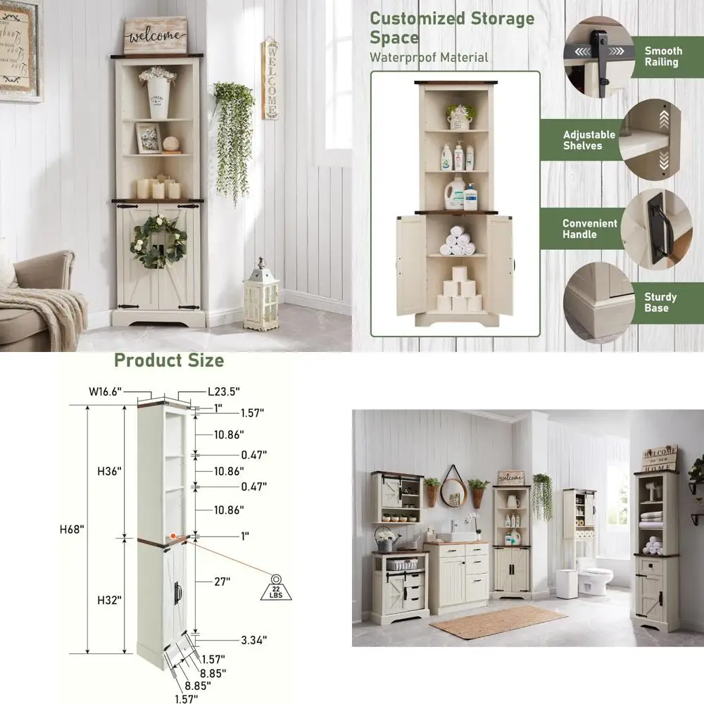 Farmhouse Style Tall Corner Storage Cabinet with Barn Door and Adjustable Shelves - Space Saving Solution for Home Bathrooms