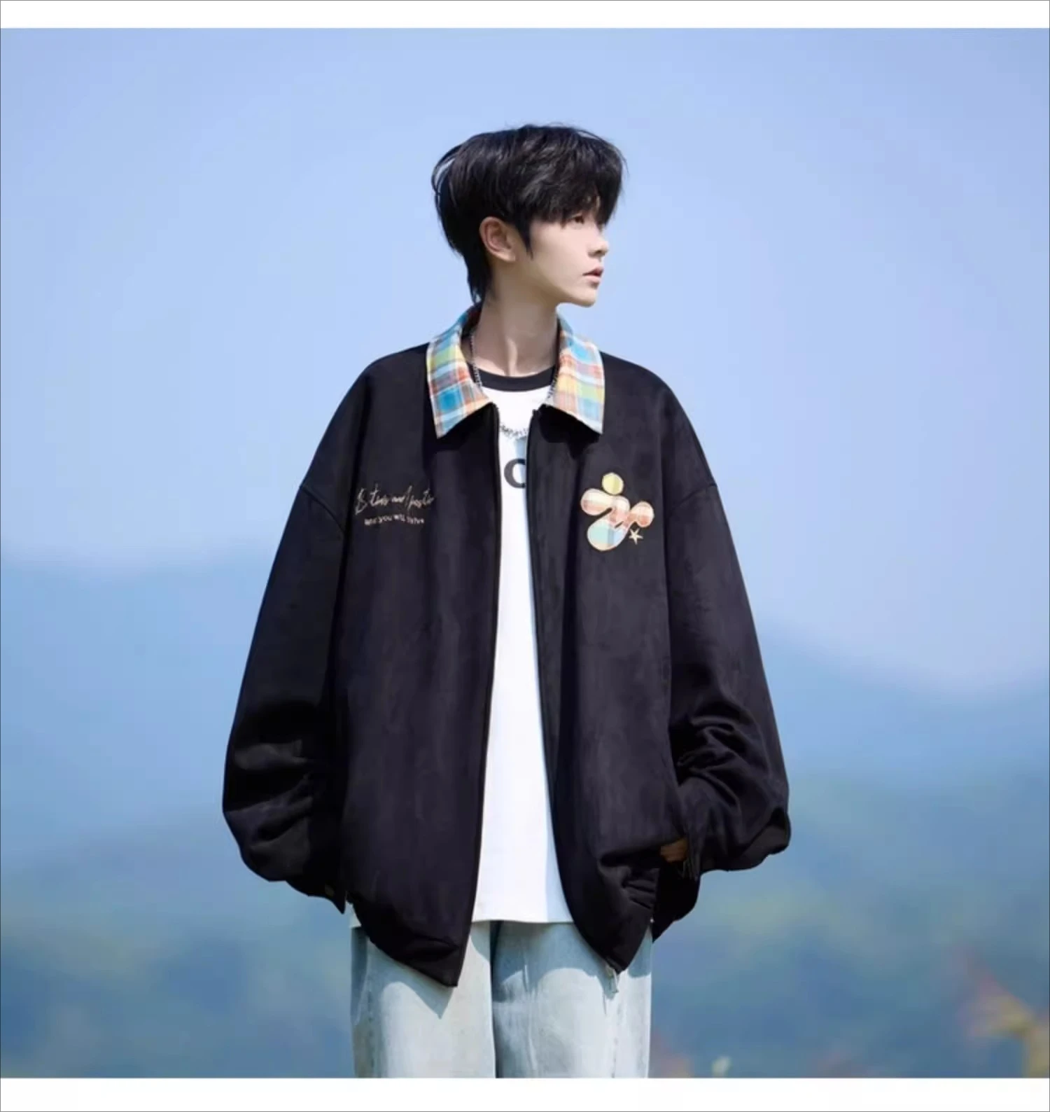 American Style Plaid Patchwork Lapel Black Purple Jacket Men's Spring Autumn New Loose Casual Daily Apricot Jacket