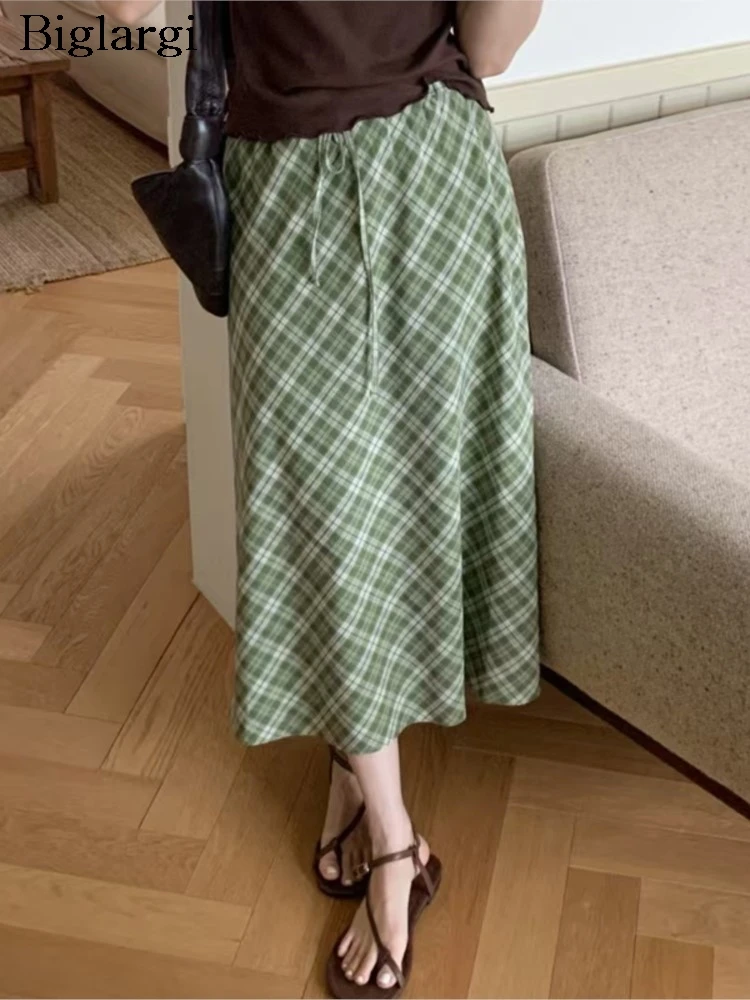 

Summer Skirt Women Plaid Striped Print Fashion Ruffle Ladies Skirts Korean Style Loose Pleated Woman Elastic High Waist Skirt