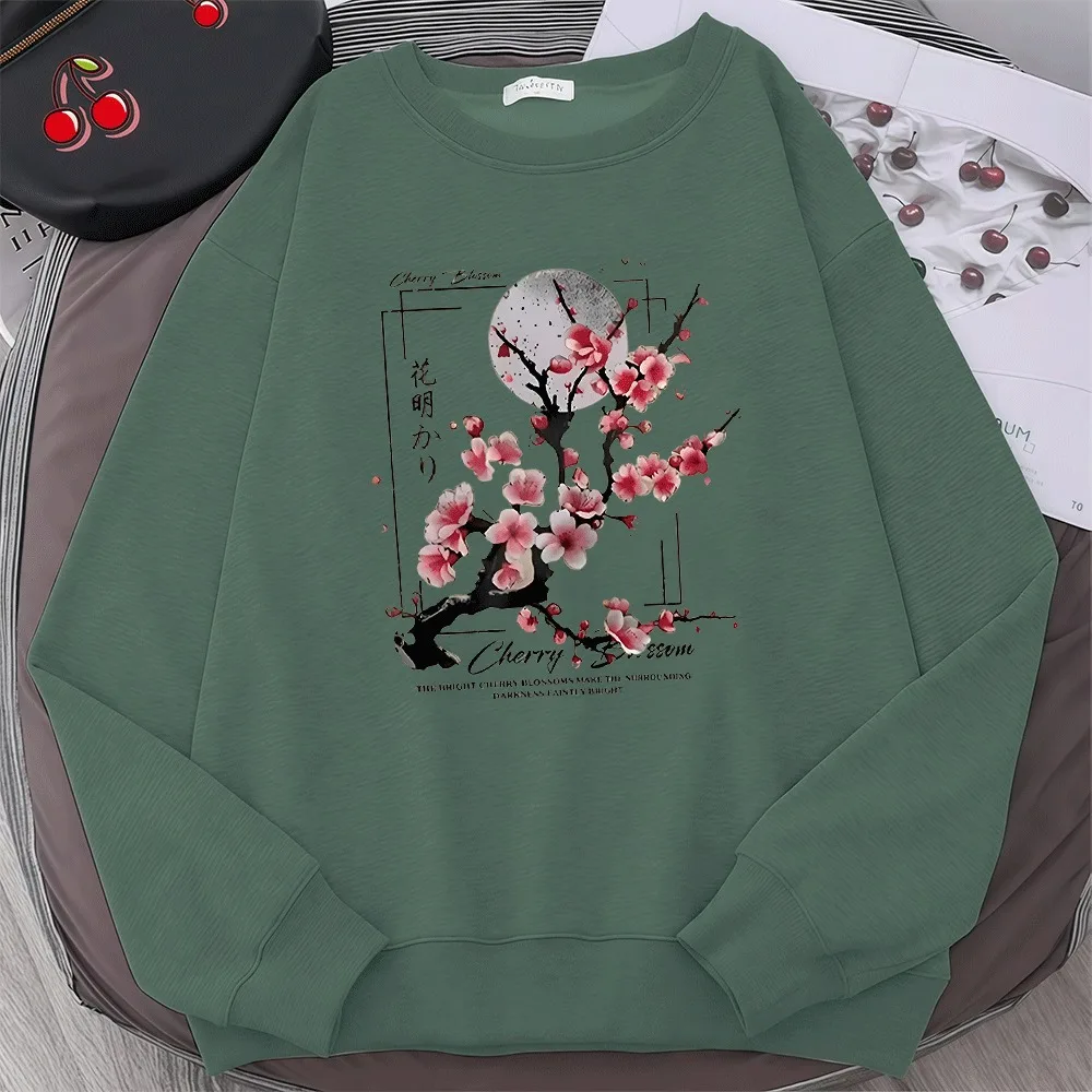 2026 frauen Hoodies Herbst Kirschblüten und Mond Gedruckt Muster Pullover Weiche Neue Hoodie Mode Sweatshirts Streetwear