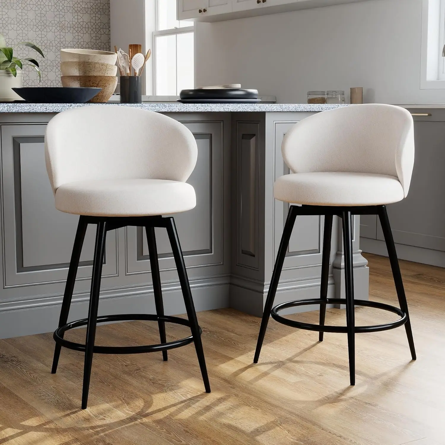 

Bar Stools Set of 2, 360° Swivel Breathable Fabric Kitchen Counter Height Stools, 26" Upholstered Bar Chair for Kitchen Isla