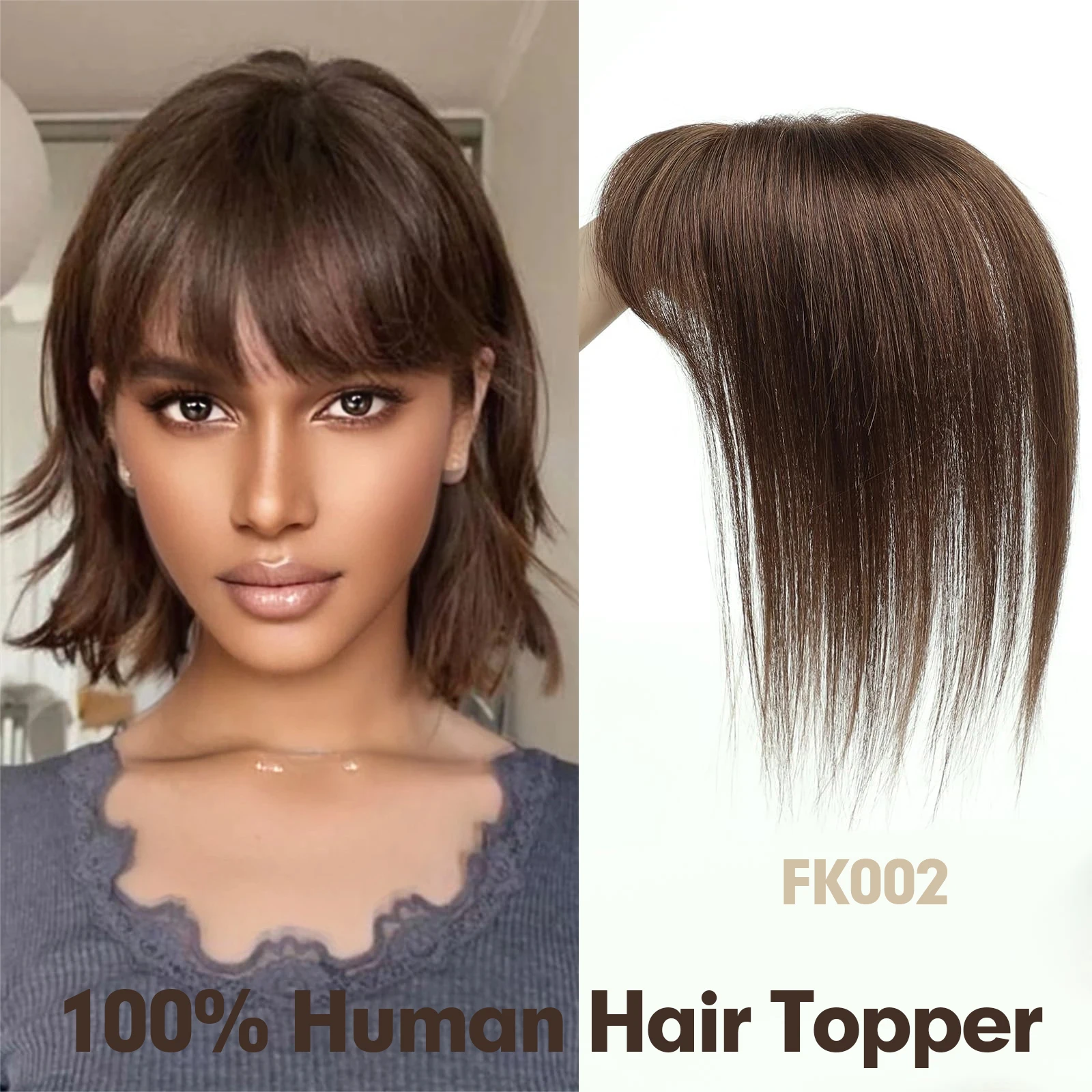 Prawdziwe ludzkie włosy z grzywką Jedwabna baza Klips w perupie Kawałek włosów na wypadanie włosów Kobiety Afro Brown Remy Hair Topper Straight