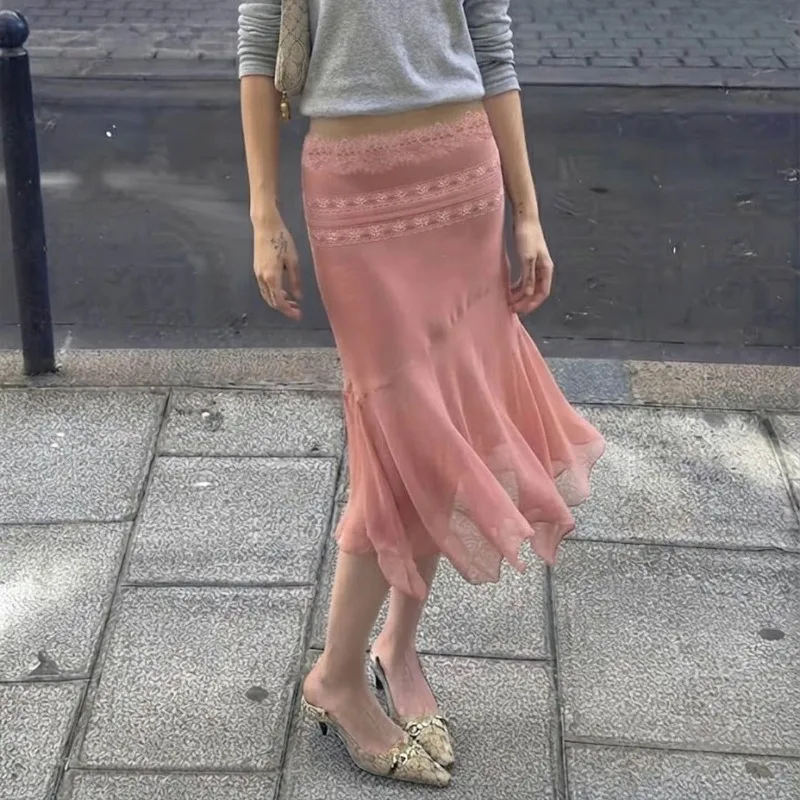 Women Low Waist Midi Skirt Lace Trim Splice Irregular Mesh Fishtail Skirt