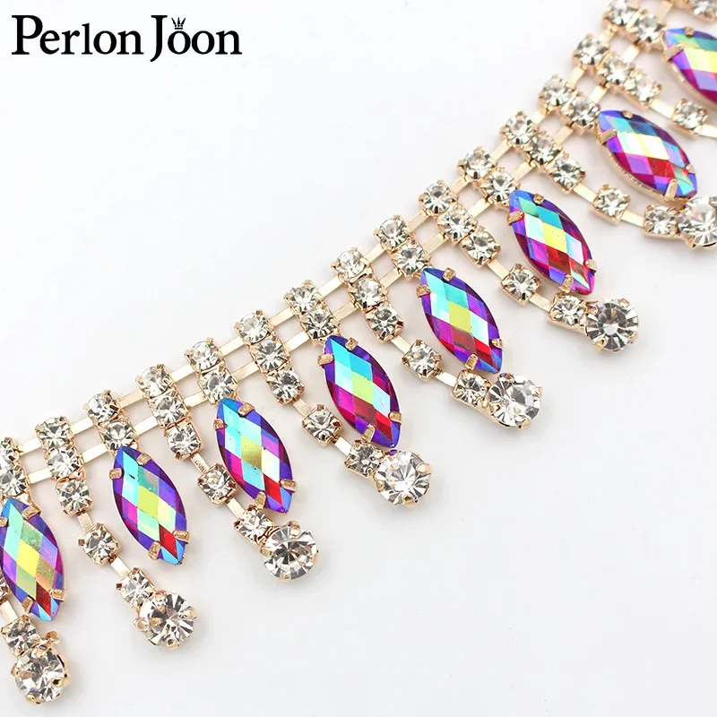 Drop AB Rhinestone trim multicolor crystal gold chain for women clothing decoration shoes accessories ML057