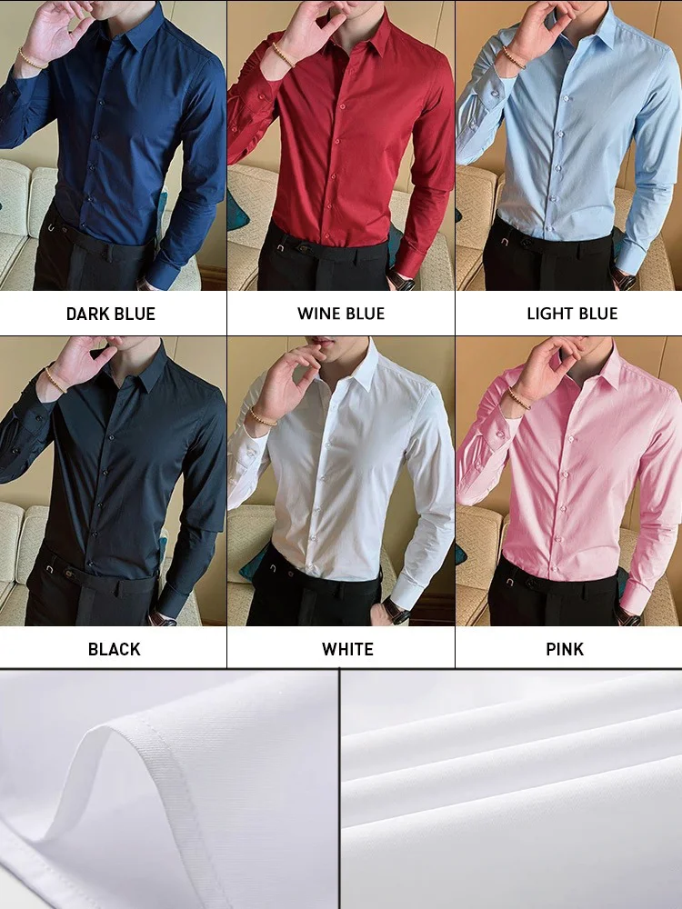 6 Colors Men\'s Business Solid Color Shirt Lapel Long Sleeve Fashion Classic Style Cotton Casual Slim Fit Shirt Office Clothes