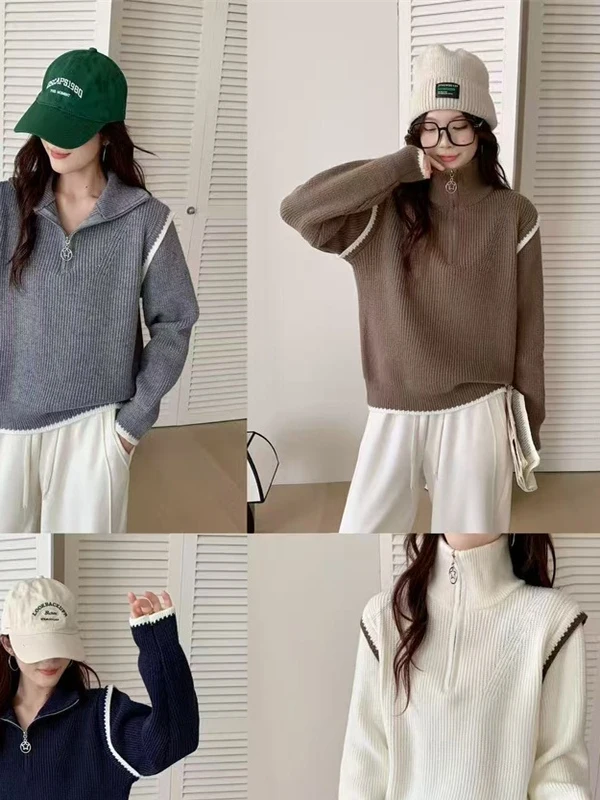 

Faionable Autumn Winter f Zipper Crew Ne Sweater Women's Knitted Top Color Blo Lazy Sle Commute Straight Tube Model