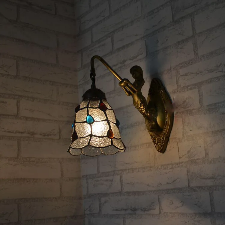 Simple Modern European Style Led Frosted Glass Tiffany Bedside Bedroom Lamp Mermaid Peacock Tail Wall Sconce