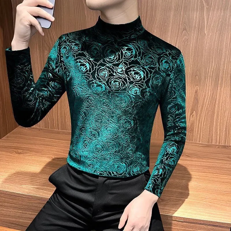 Turtleneck T-shirt Men's Printed Long-sleeved Bottoming Shirt Western Style New Gold Velvet Trendy Slim Top