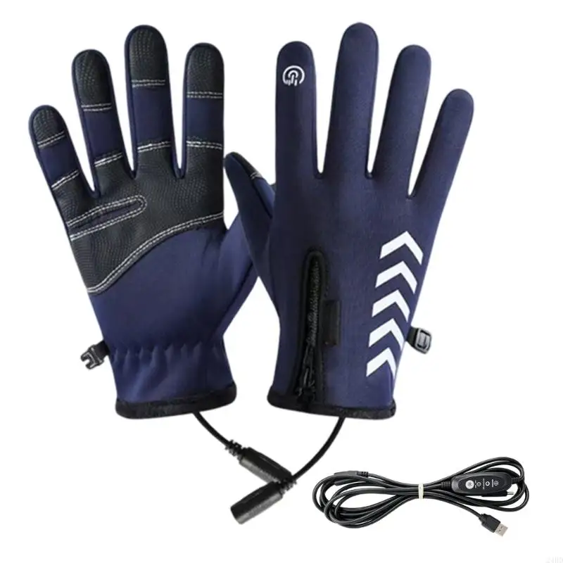 Full-Finger Electric Winter Cycling Gloves with Corded Heat Control, Contact-Area Texture, and White V Pattern 24BD