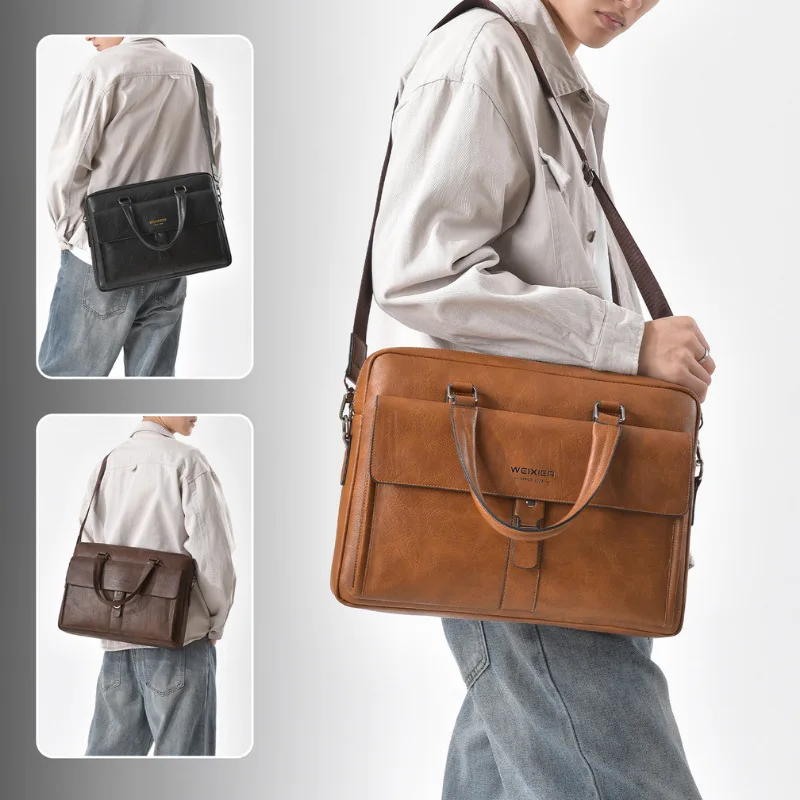 Vintage Brown PU Leather Men Briefcase Large Capacity 15.6 Inch Laptop Bag Hand Shoulder Crossbody Business Office Messenger Bag