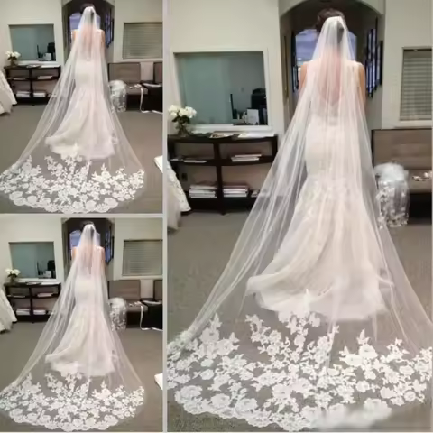 Long Chapel Length Bridal Appliques Veu De Noiva Longo Wedding Veil Lace Purfle with Comb