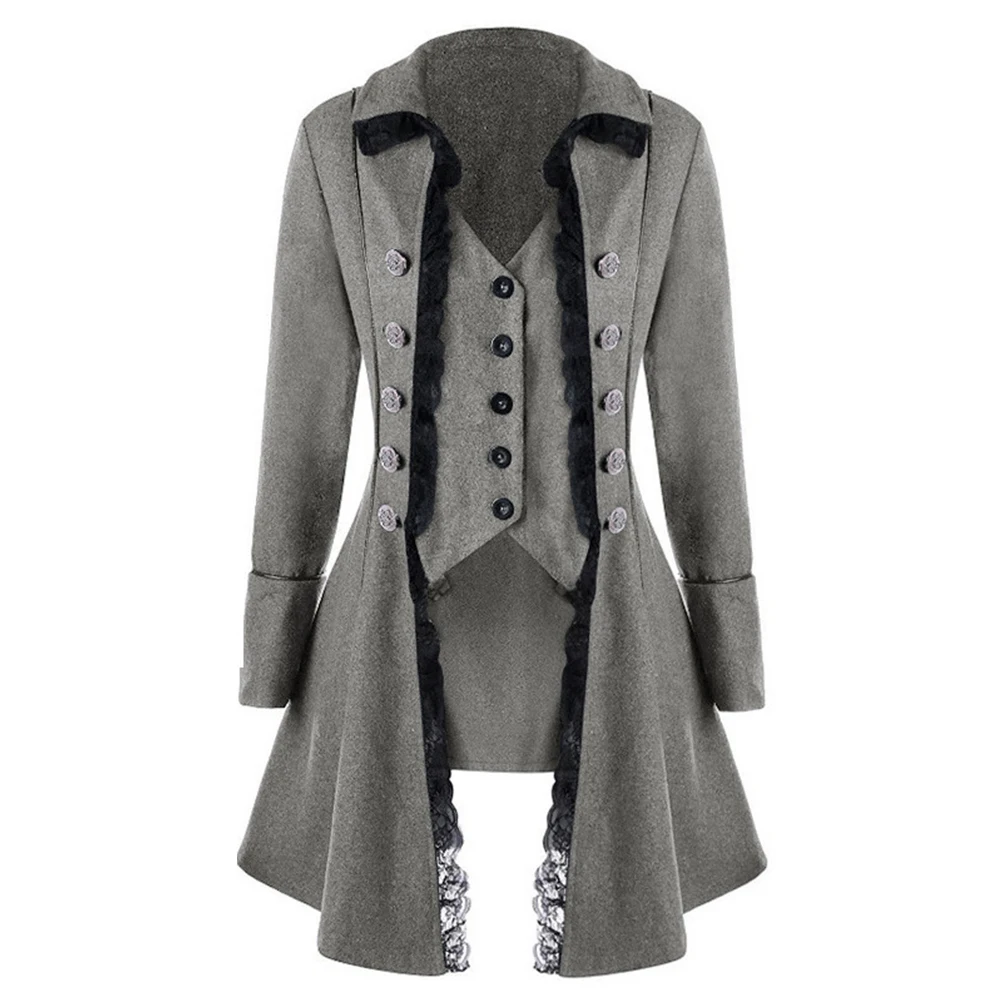 Retro Woman Gothic Coats Jacket Single Breasted Button Lace Edge Long Coats Blazer Victorian Costume Coat Clothing For Women