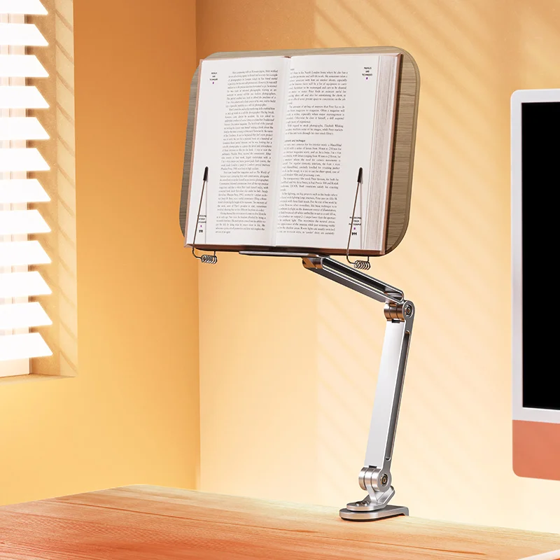 HR06 Aluminum Walnut Wood Book Holder 360 Rotate Height Adjustable Long Arm Reading Book Stand Bookends for Desk