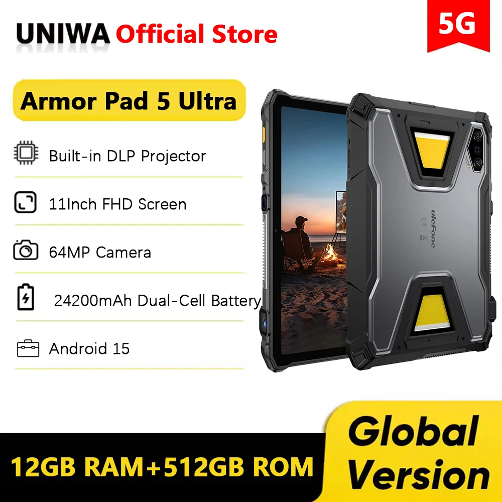 Ulefone Armor Pad 5 Ultra Rugged Tablet Portable Projector 200LM 24200mAh Battery 12GB+512GB 11