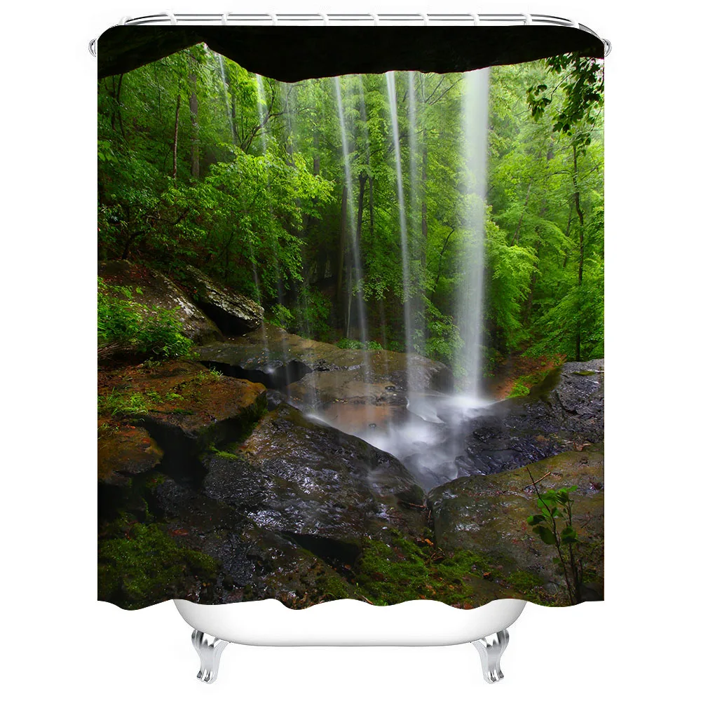 1pc Stream Shower Curtain Bathroom Partition Decorative Curtain Machine Washable Green Scenery Print Window Privacy Curtain