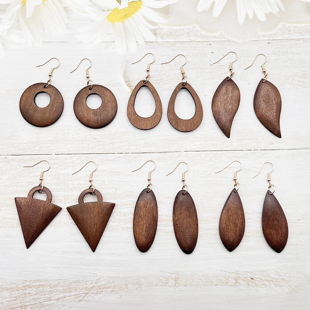 6 pairs/sets of simple vintage coffee-colored geometric wooden earrings and earrings, popular and versatile fashion accessories