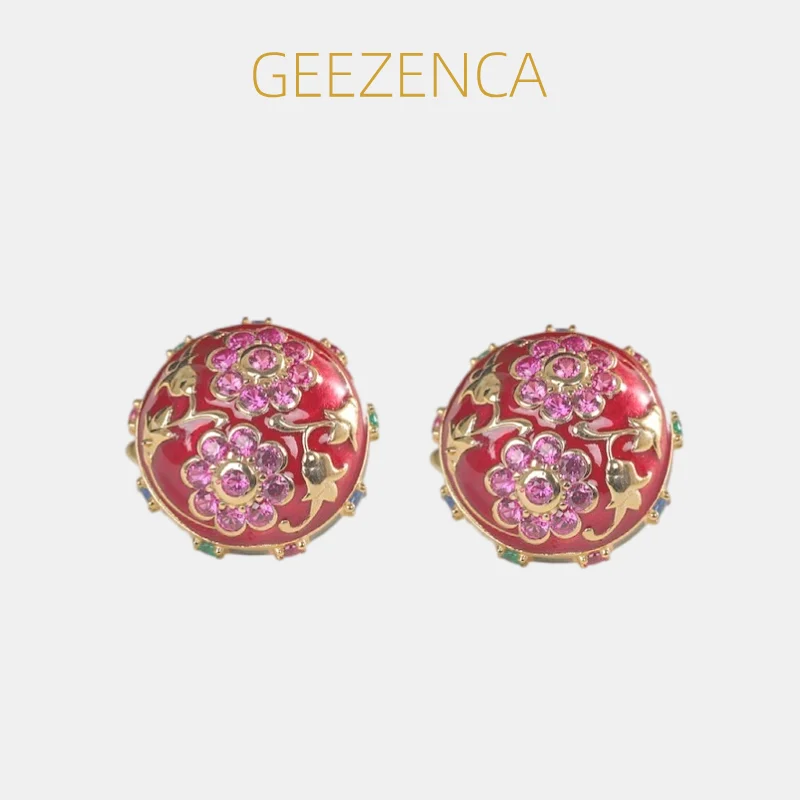 

GEEZENCA 925 Sterling Silver Colorful Enamel Red Corundum Round Earrings For Women Vintage Ethnic 18K Gold Flower Earring Gift